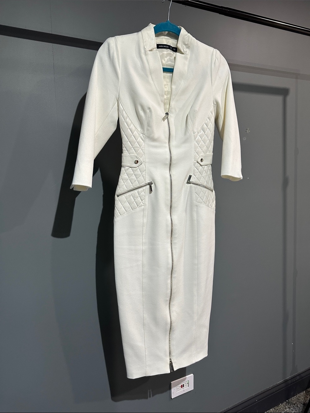 Karen Millen White Quilted-Panel Zip Midi Dressi